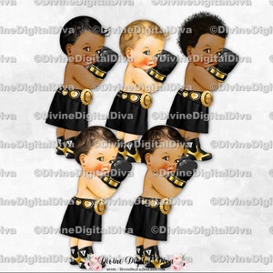 Boxer de El Principito, pantalones cortos negros, guantes y cinturón de campeón dorado, guantes de boxeo, bebé niño, 3 tonos de piel, descarga instantánea de imágenes prediseñadas