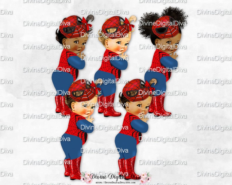 Clipart Instant Download Baby Girl 3 Skin Tones Spider Superhero Red Blue Boots Web Mask