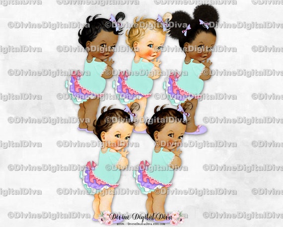 Ruffle Pants Mint /& Gold Sneakers Pearls Clipart Instant Download Baby Girl 3 Skin Tones