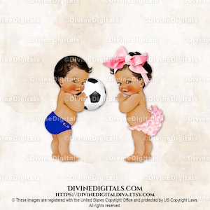 Príncipe y princesa de fútbol con lazo grande azul y rosa / Bebé niño niña tono medio / Revelación de género de gemelos / Descarga instantánea de imágenes prediseñadas