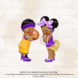 Basketbal grote strik paars goud | Donkere toon soezen babyjongen meisje Afro-Amerikaans | Gender Reveal-tweeling | Clipart direct downloaden
