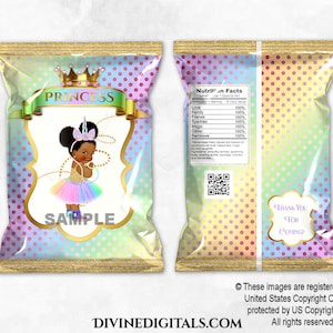 Unicorn Princess Printable Chip Bags Magical Rainbow Gold Glitter Baby Girl Dark Tone Puffs | African American | Digital Instant Download