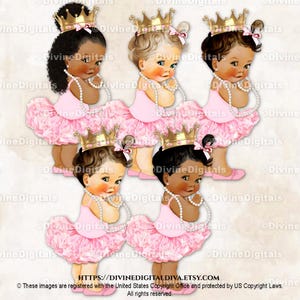 Princess Ballerina Pink Tutu Gold Crown Pearl Necklace | Baby Girl 3 Skin Tones | Clipart  Instant Download