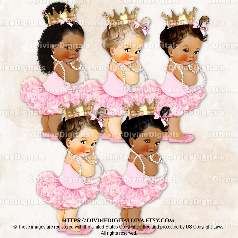 Princess Ballerina Pink Tutu Gold Crown Pearl Necklace | Baby Girl 3 Skin Tones | Clipart  Instant Download