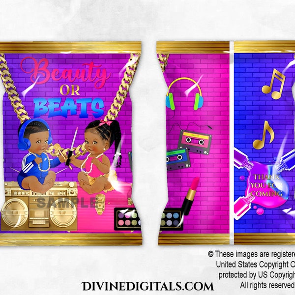 Chip Bag Wrappers Beauty or Beats Gender Reveal Hip Hop Royal Blue Hot Pink Gold | Baby Boy Girl Dark Tone Braids | Digital Instant Download