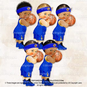 Baskets bleu roi et or joueur de basket-ball Little Prince avec bandeau anti-transpiration | 3 tons chair, bébé garçon | Clipart à téléchargement immédiat