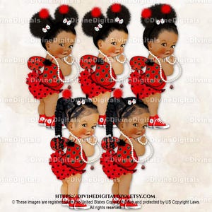 Ladybug Red Black Dot Ruffle Pants Wings Sneakers Antennae White Pearls | Baby Girl Babies of Color Ethnic | Clipart Instant Download