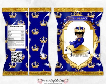 Printable Chip Bags Sleeping Little Prince Royal Blue & Gold Ornate Crown | Baby Boy Dark Tone | Digital Instant Download