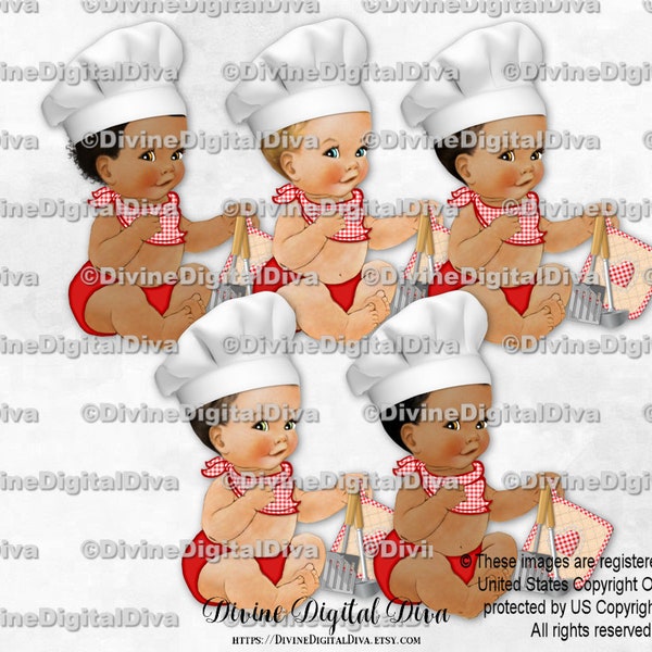 Little Chef Red White Hat Pot Holder Spatula Ladle Check Scarf | Sitting Baby Boy 3 Skin Tones | Clipart Instant Download