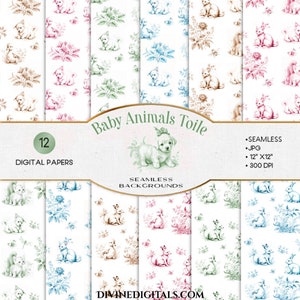 French Toile de Jouy Lavande Bébés animaux Chiot Chaton Caneton Renard Lapin thème chambre de bébé | Arrière-plans numériques transparents | Téléchargement instantané