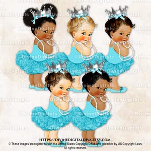 Princess Ballerina Turquoise & Silver Crown Pearls | Baby Girl 3 Skin Tones Puffs | Clipart Instant Download