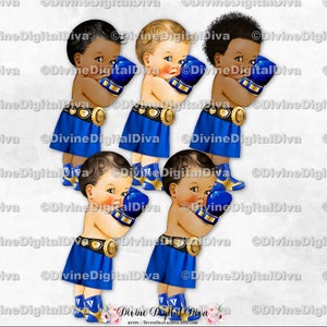 Little Prince Boxer Royal Blue Shorts Gloves & Gold Championship Belt Boxing Champ | Baby Boy 3 Skin Tones | Clipart Instant Download
