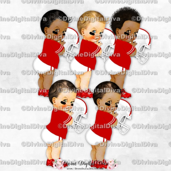 Little Prince Football Player Helmet Red White Jersey | Baby Boy 3 Skin Tones | Clipart Instant Download