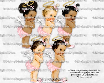 Ruffle Pants Angel White Wings Pink Pants & Gold Halo | Baby Girl 3 Skin Tones | Clipart Instant Download