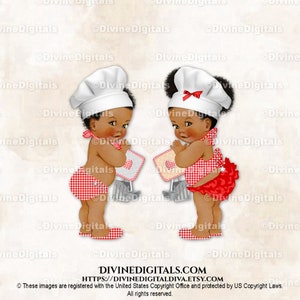 Delantal y gorro de cuadros vichy rojos y blancos de Little Chef BabyQ para barbacoa, para niño y niña, con tono de piel oscuro, para revelar el género de los gemelos, descarga instantánea de imágenes prediseñadas