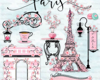 Parijs in de lente, kersenbloesems, Eiffeltoren, roze Parijse clipart