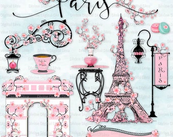 Paris in the Spring Cherry Blossoms Eiffel Tower Pink Parisian Decorative Elements l Clipart Instant Download