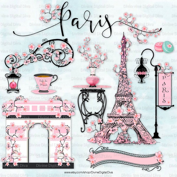 Paris in the Spring Cherry Blossoms Eiffel Tower Pink Parisian Decorative Elements l Clipart Instant Download