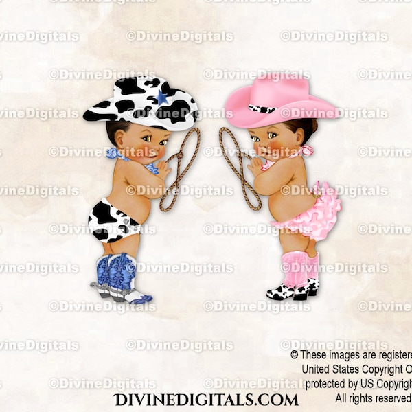 Cowboy Cowgirl Blue Cow Print & Pink Boots Hat Lasso Western | Medium Tone Boy Girl | Gender Reveal Twins | Clipart Instant Download