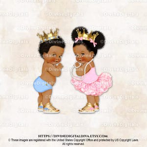Prince Princess Ballerina Blue Pink Gold Crown Sneakers | Baby Boy Girl Dark Tone African American Gender Reveal | Clipart Instant Download