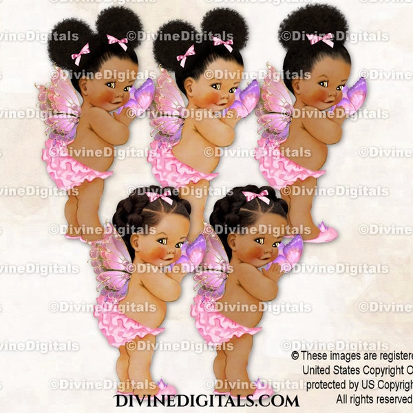 Butterfly Princess Pink Light Gold Lavender Wings | Baby Girl Babies of Color | Clipart  Instant Download
