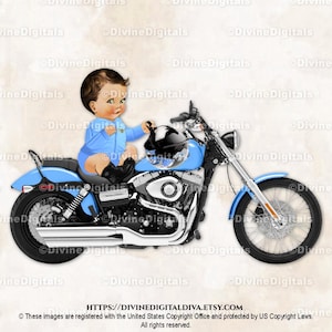 Little Prince Riding on a Motorcycle Biker Lt Blue Jacket Black Boots Helmet | Sitting Baby Boy Light Tone | Clipart Instant Download