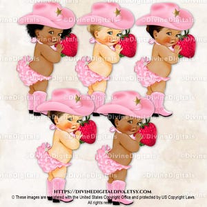 Petite cow-girl rose fraise pantalon à volants chapeau bottes écharpe | 3 tons de peau de bébé fille | Clipart à téléchargement immédiat