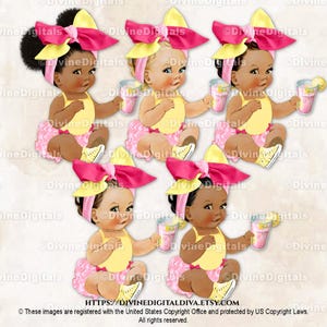 Limonada Rosa Amarelo Rosa Rosa Choque Laço na Cabeça Tênis Copo de Limonada | Bebê Menina Sentada 3 Tons de Pele | Clipart para Download Instantâneo