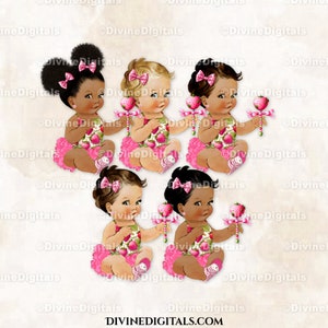 Clipart thème fraise, rose et vert, hochet, portant des baskets, petite fille, baby shower aux fraises, téléchargement immédiat