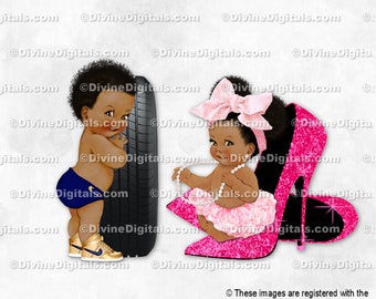 Wheels or Heels Navy Blue Hot Pink Gold Big Bow High Heels | Baby Boy & Girl Dark Tone | Ethnic African American | Clipart Instant Download