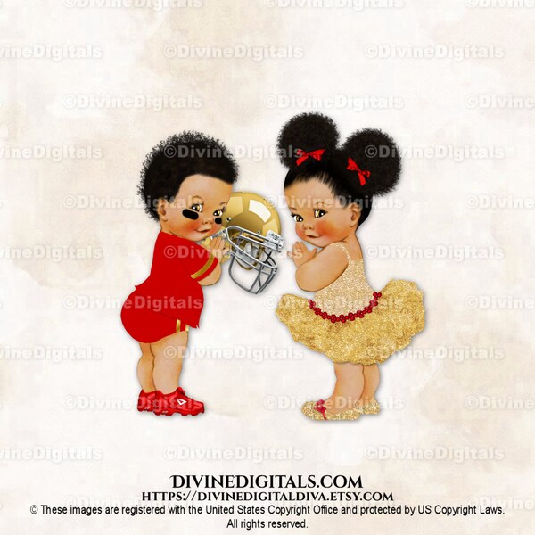 Touchdowns or Tutus Football Player Ballerina Red Gold | Medium Tone Baby Boy Girl Puffs | Gender Reveal Twins | Clipart Instant Download