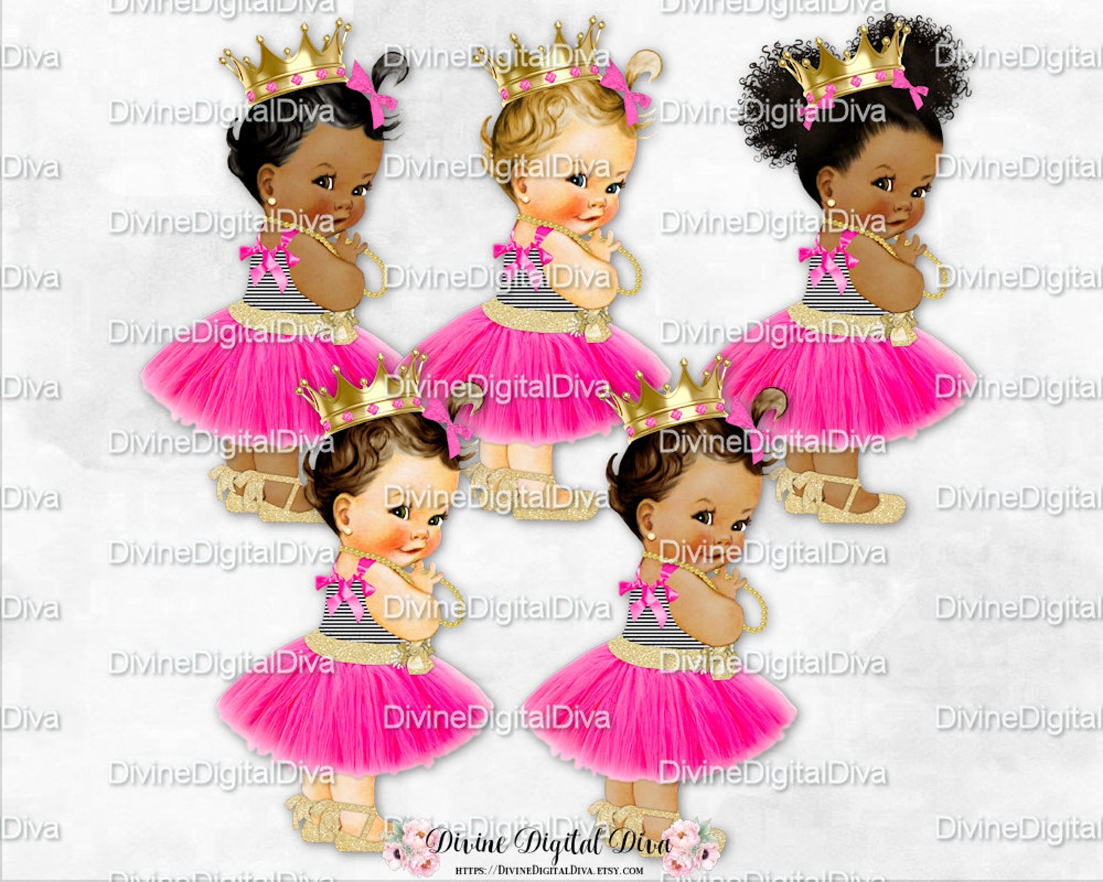 hot pink tulle party dress black stripe gold ballet ribbon shoe gold crown | vintage baby girl 3 skin tones | clipart instant do