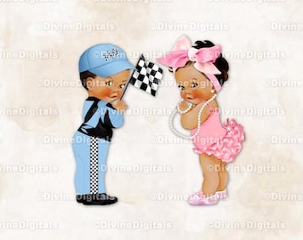 Clipart de pilote de voiture de course bleu et rose de course ou noeuds bébé garçon fille ton moyen Clipart