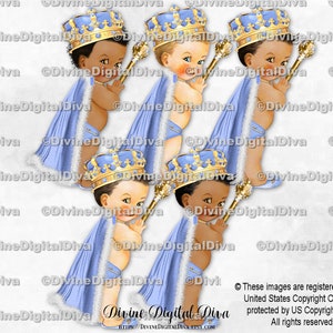 Kleiner Königlicher Prinz Hellblau & Goldfarbener Pelzumhang Cape Krone Zepter | Baby Boy 3 Hauttöne | Clipart Sofort Download