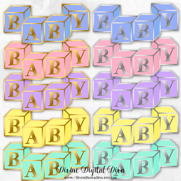 Baby Blocks Gold & Silver Trim Blue Pink Lavender Yellow Mint Green | Digital Images Clipart Instant Download