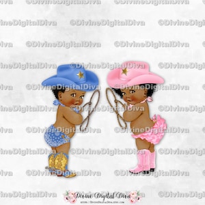 Vaquera, botas azules y rosas, sombrero, lazo, estilo western, piel oscura, niño y niña, revelación de género de gemelos, clipart, descarga instantánea