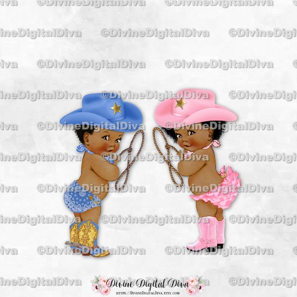 Cowboy Cowgirl Blue Pink Boots Hat Lasso Western | Dark Skin Tone Boy Girl | Gender Reveal Twins | Clipart Instant Download