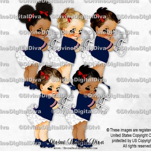 Calça com babados, camisa de jogador de futebol, capacete, chuteiras, azul-marinho, branco e vermelho | 3 tons de pele, bebê menina | Clipart para download instantâneo