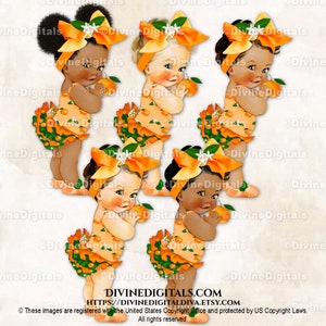 Little Cutie Orange Green Big Bow Rhinestone Shoes Tangerine Clementine | Baby Girl 3 Skin Tones | Clipart Instant Download