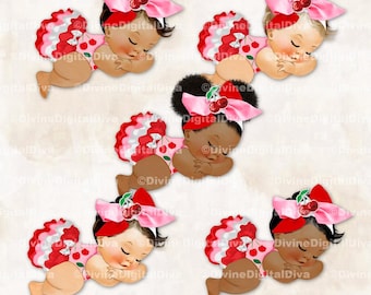 Kersenthema roze rood-witte grote strik slapende babymeisje Clipart