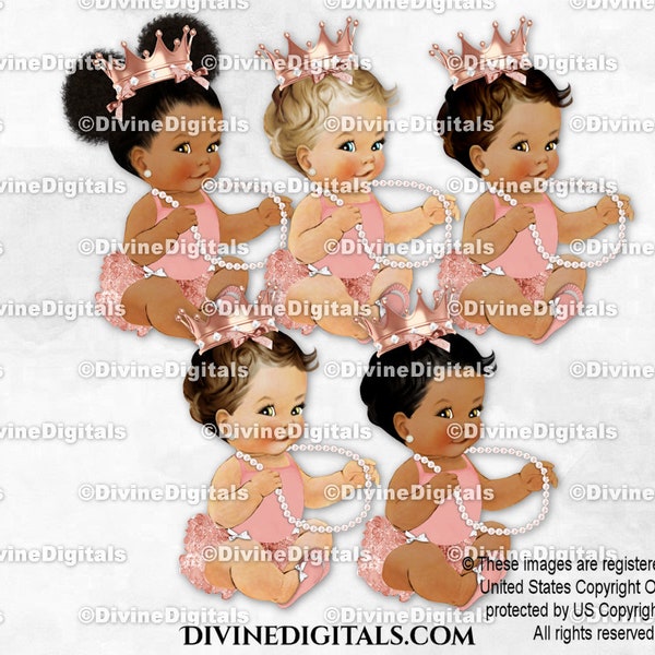 Princess Rose Gold Crown Ruffle Pants Pearls Slippers | Sitting Baby Girl 3 Skin Tones | Clipart Instant Download