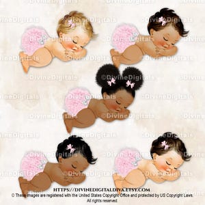 schlafendes Baby Mädchen Blush rosa Rüschen Hose weiße Schleife | 3 Hauttöne | Clipart Sofort Download