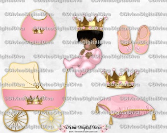 Sleeping Princess Pink Gold Crown Pillow Carriage Shoes Bib Crown | Baby Girl Dark Tone Ethnic African American| Clipart Instant Download