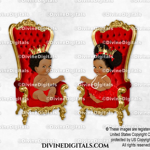 Prince & Princess Throne Chair Red Gold | Sitting Baby Boy Girl Puffs | African American | Gender Reveal Twins | Clipart Instant Download