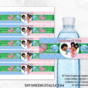 Touchdowns or Tutus Gender Reveal Water Bottle Labels Pink Light Blue Green | Baby Boy Girl Dark Tone Ethnic | Clipart Instant Download