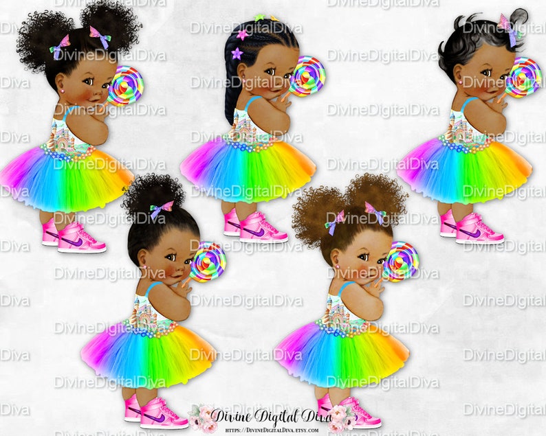 Baby Girl Babies of Color Clipart Instant Download Candy Girl Rainbow Dress Sneakers Lollipop Hot Pink Purple Yellow Orange