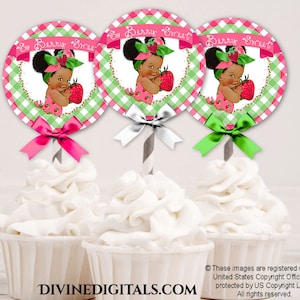 Décoration pour cupcakes Vichy rose-vert fraise | Bouffées de ton foncé pour bébé fille | Afro-américain | Téléchargement numérique instantané