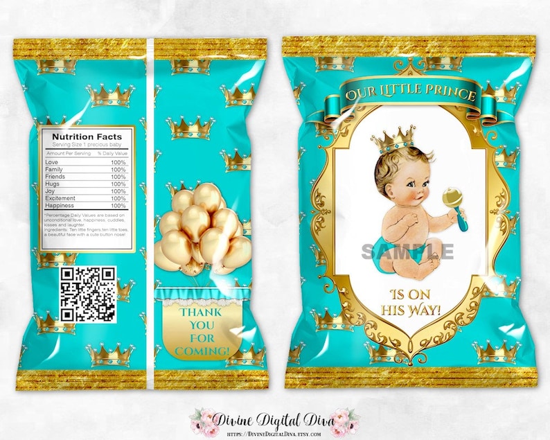 Light Tone Vintage Baby Boy Printable Chip Bags Turquoise Blue Gold Little Prince Rattle Crown Digital Instant Download
