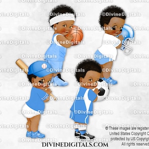 Little Prince Sportset Lichtblauw Basketbal Voetbal Honkbal Voetbal | Donkere toon babyjongen | Afro-Amerikaans | Clipart direct downloaden