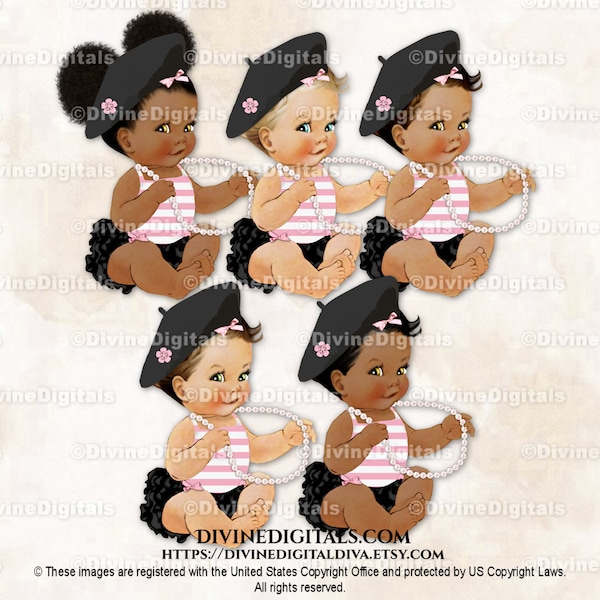 Black Pink & White Stripe Shirt Cherry Blossom Beret Pearls Paris | Sitting Baby Girl 3 Skin Tones | Clipart Instant Download